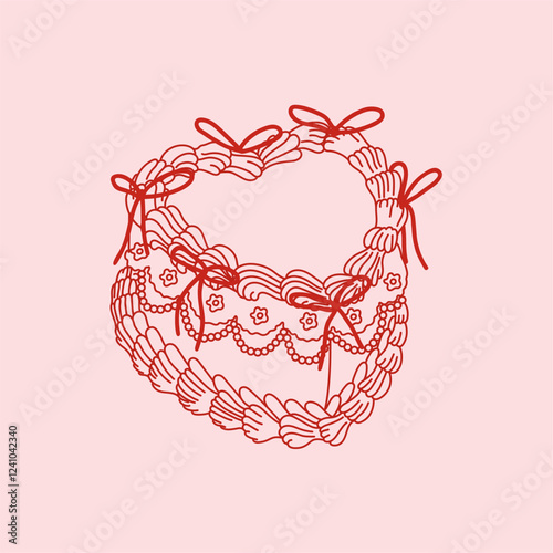 Valentines day. Coquette aesthetics retro cake. Vintage heart shaped cake with ribbon bows in linear style. Vector illustration for posters, cards, printing on t-shirt etc.