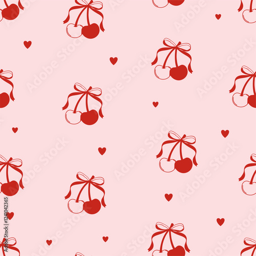 Seamless pattern with cherries and coquette bows on pink background. Cherries with heart. Valentines print. Vector illustration for wrapping paper, packaging, fabric, room decor, phone case etc.