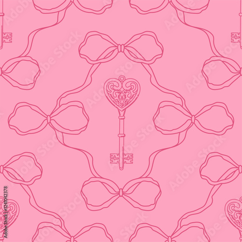 Seamless pattern with linear bow knots and vintage heart shaped key. Editable vector illustration for wrapping paper, packaging, fabric, wallpaper, phone case etc.