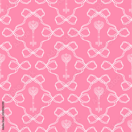 Seamless pattern with linear bow knots and vintage heart shaped key. Editable vector illustration for wrapping paper, packaging, fabric, wallpaper, phone case etc.