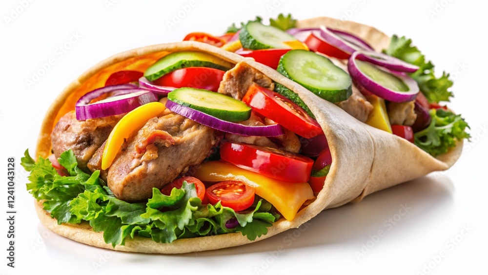 Delicious Shawarma in Pita Bread with Vegetables and Sauce - Stock Photo Delicious Shawarma in Pita Bread with Vegetables and Sauce - Stock Photo