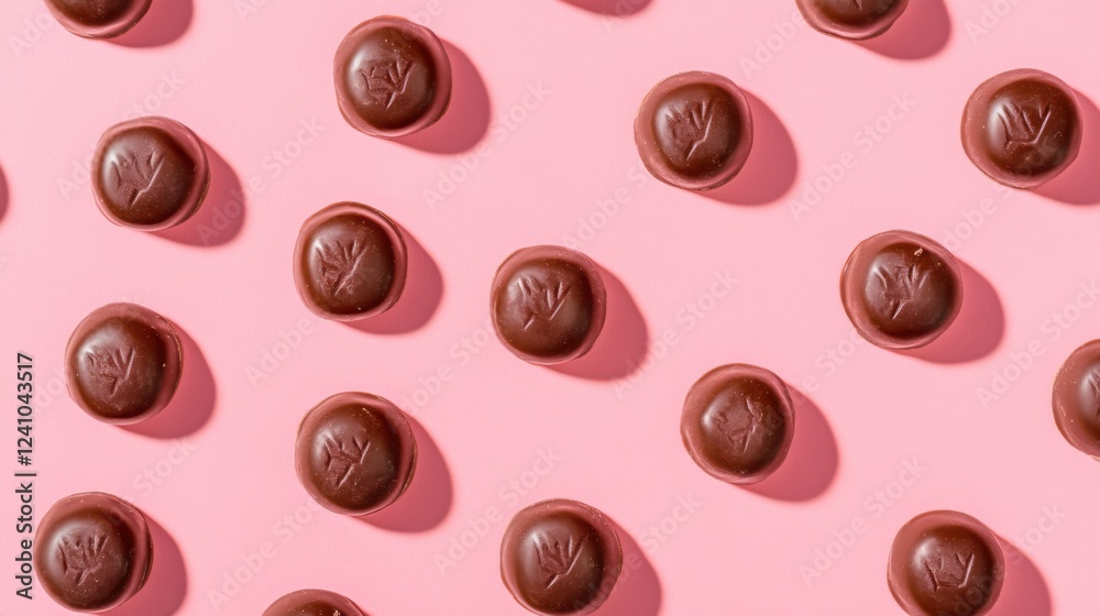 Fototapeta premium A Symphony of Hearts: A Delightful Collection of Exquisite Chocolate Hearts, Beautifully Displayed on a Pastel Pink Surface, Creating a Scene of Pure Romance and Sweet Indulgence