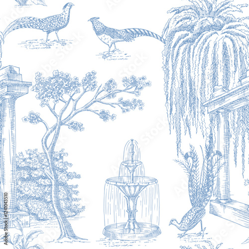 Blue toile park with pheasant bird, column, fountain, willow tree seamless pattern. Classic landscape wallpaper.