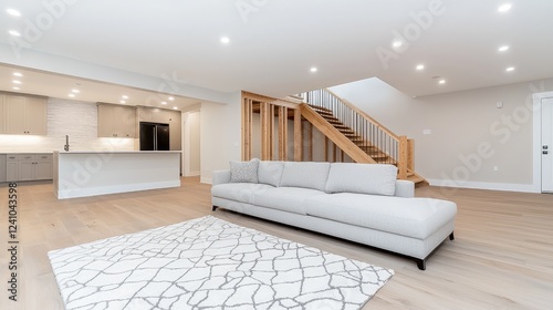 Modern basement living room with stairs, kitchen view