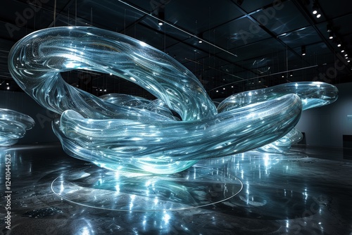 Futuristic Illuminated Art Installation with Intricate Glass Structures in a Contemporary Museum Setting Reflecting Light and Space