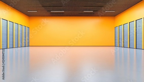 Fototapeta Naklejka Na Ścianę i Meble -  Bright orange empty storage space with blue doors, ideal for showcasing minimalism, modern design, and spaciousness, perfect for creative projects or presentations
