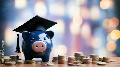 Wallpaper Mural Close-up of a piggy bank with a graduation cap on a wooden table, surrounded by scattered coins, symbolizing college savings and financial planning for education. Torontodigital.ca