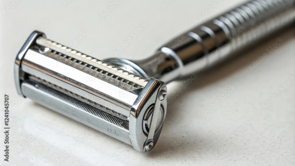 Close-up of the shaver razor's edge with exposed metal and a sharp finish, close up, edge Close-up of the shaver razor's edge with exposed metal and a sharp finish, close up, edge
