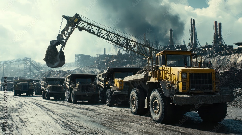 Heavy machinery and trucks at an industrial site, with smoke in the background. Heavy machinery and trucks at an industrial site, with smoke in the background.