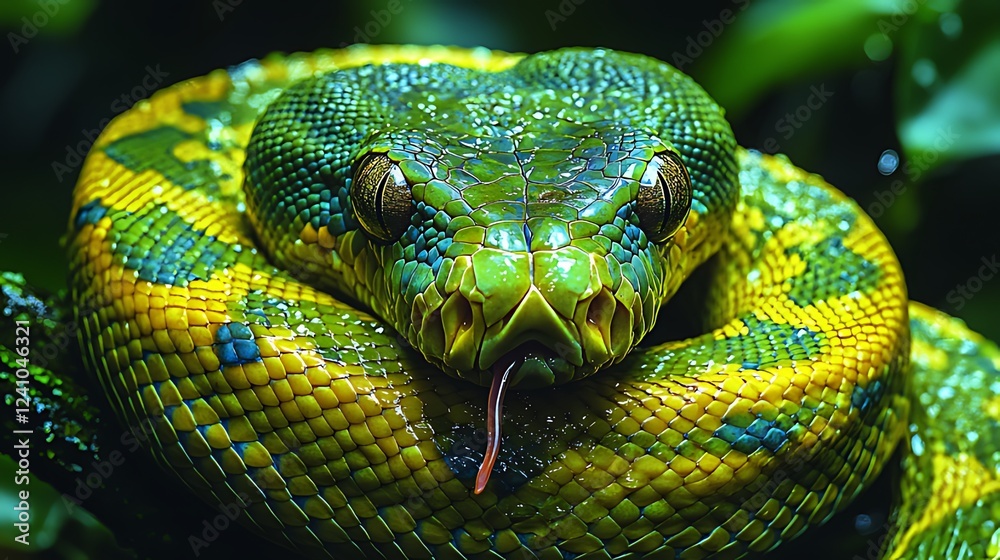 Fototapeta premium Green tree python coiled, jungle background, wildlife close-up