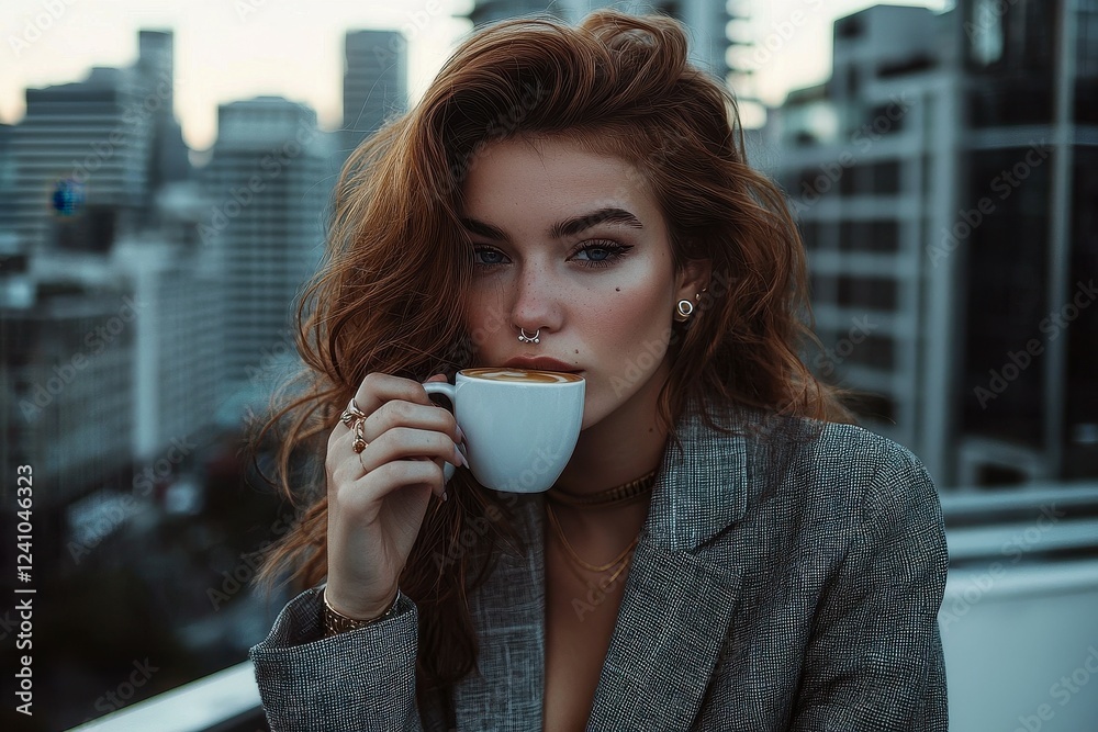 Fashionable Woman with Septum and Lip Piercings A stylish woman with wavy chestnut-brown hair, wearing a silver septum ring Fashionable Woman with Septum and Lip Piercings A stylish woman with wavy chestnut-brown hair, wearing a silver septum ring