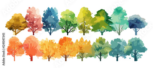 Watercolor tree illustration, vector, different color mix, hand-drawn, summer spring trees, landscape plan, architecture layout, decorative, garden, environment, isolated, artistic