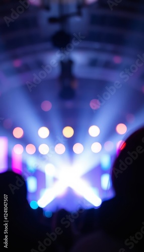 Blurred stage lights with a silhouetted figure in foreground. Concert, music, entertainment background.  Vibrant, energetic, and atmospheric. Ideal for events, performance, and celebration themes.