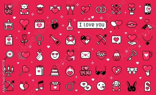 Pixel art Valentines day icon set with Y2K aesthetic in retro 8-bit style. Includes hearts, gifts, rings, arrows, and love messages. Romantic design for holiday and love projects