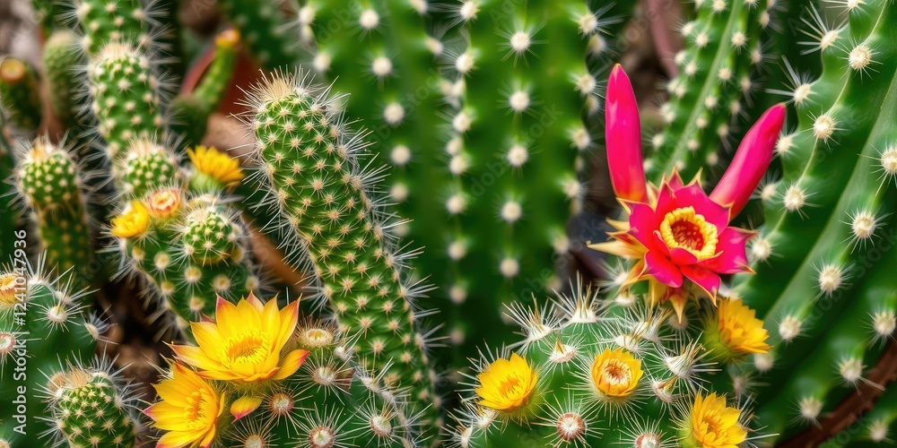 Fototapeta premium Close-up shot of a vibrant blooming cactus surrounded by lush greenery in a botanical garden, exotic, gardening, cactus
