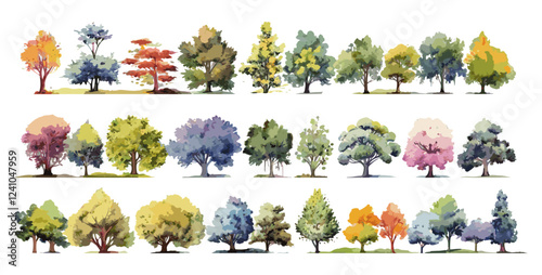 Hand-drawn watercolor tree collection, top view, vector illustration, summer spring trees, landscape plan, architecture layout, garden, environment, decorative elements