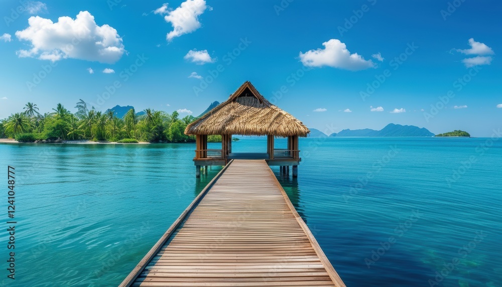 Tropical pier with wooden pathway extending over clear water, ideal for vacation and travel themes Tropical pier with wooden pathway extending over clear water, ideal for vacation and travel themes