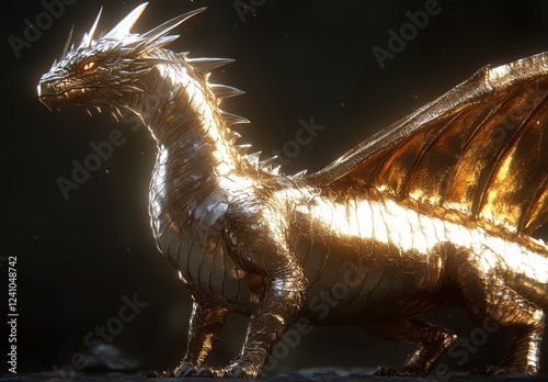Digital artwork of a magnificent gold dragon, featuring intricate details and a glowing, shimmering texture against a dark background. The dragon's