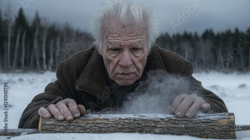 Elderly man struggling to start a fire in snowy wilderness, cold, survival.