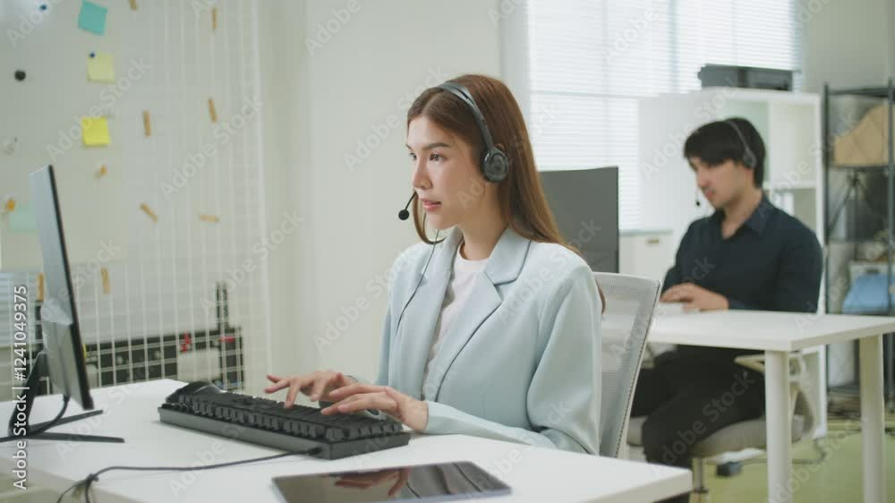 Smiling asian woman working as a customer support operator with headset. Female Call center, consulting and telemarketing concept, Customer service representative. sale agent Representative Company. Smiling asian woman working as a customer support operator with headset. Female Call center, consulting and telemarketing concept, Customer service representative. sale agent Representative Company.