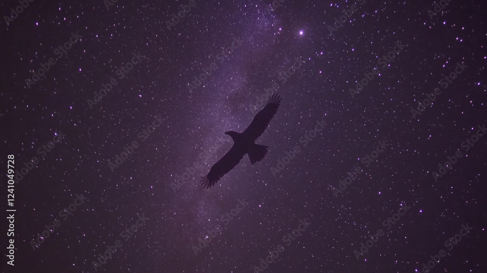 Silhouette of a bird soaring through a starlit night sky, Milky Way visible. Silhouette of a bird soaring through a starlit night sky, Milky Way visible.