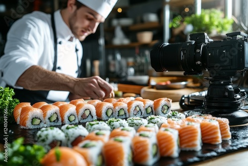 Chef prepares sushi, kitchen setting, filming food photo