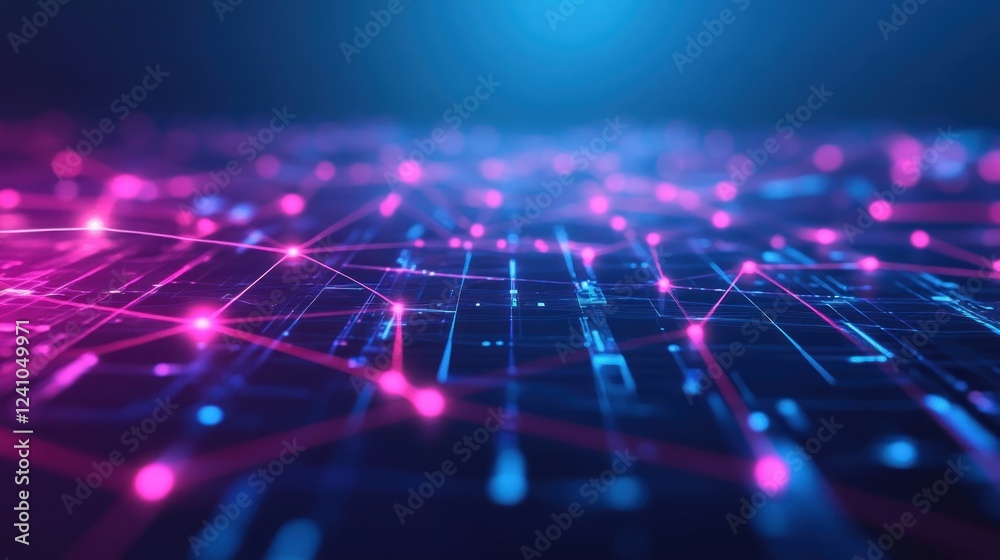 Obraz premium A digital grid perspective shot featuring luminous pink and blue interconnected lines and nodes