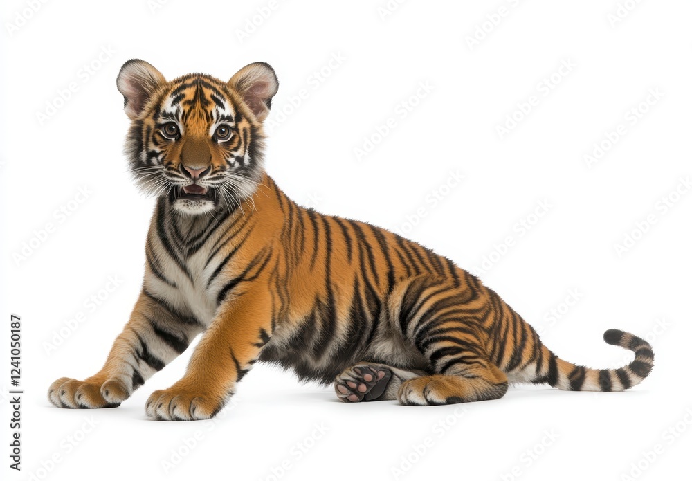 Obraz premium A small tiger cub is seated against a plain white background. The cub has an engaging expression and clear tiger stripes. The cub is posed in a