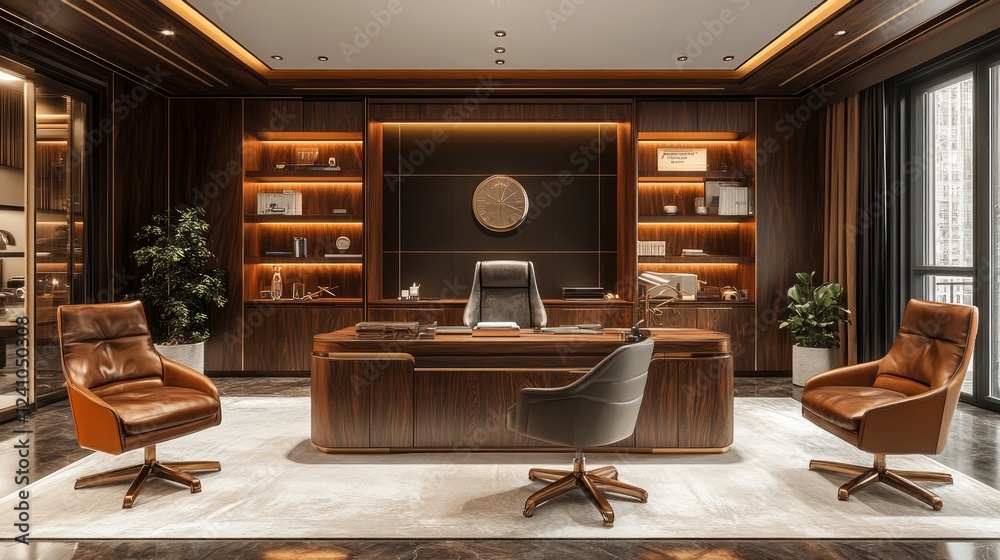 custom made wallpaper toronto digitalA luxurious workspace with rosewood walls, polished wood furniture, taupe leather chairs, warm lighting, and metallic accents for a rich and inviting office 