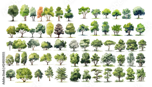 Hand-Drawn Watercolor Tree side View Set – Perfect for Landscape Planning, Architecture Layouts, Garden & Environment Design, Summer & Spring Tree Illustration