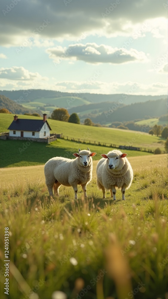Fototapeta premium Peaceful rural landscape with sheep on a green hillside in countryside setting