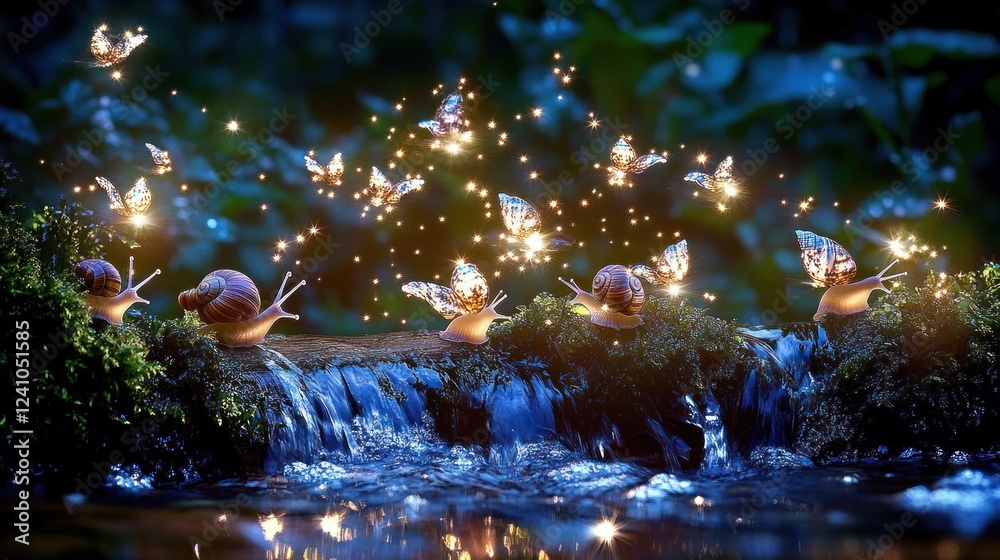Obraz premium Magical snails with glowing butterflies near a waterfall at night.