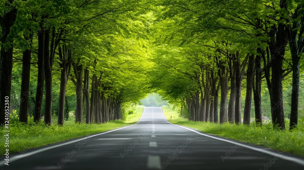 Obraz premium A straight road flanked by tall trees, leading to the horizon in bright daylight 