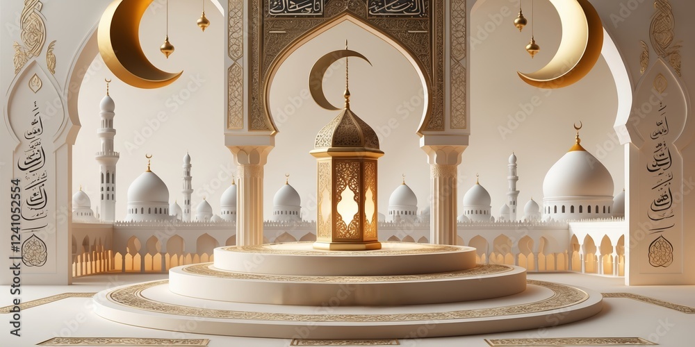 Fototapeta premium Elegant mosque interior with crescent moons and ornate decorations at dusk showcasing cultural beauty