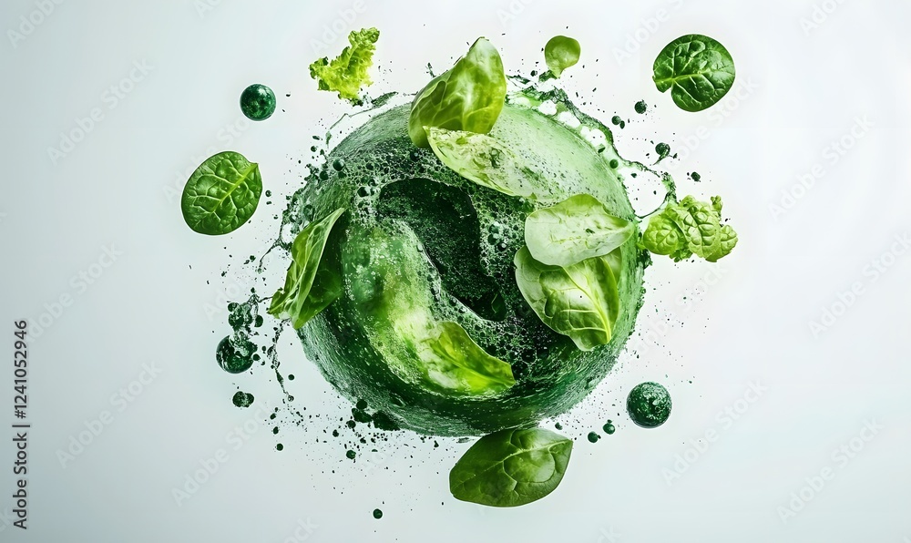 Obraz premium Green smoothie splash with spinach & basil; healthy food concept; white background; website banner