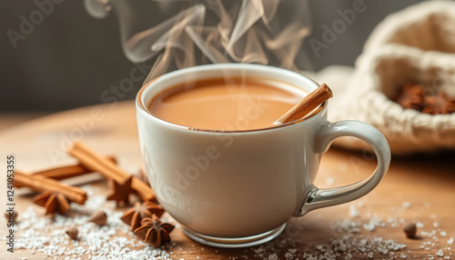 a detailed shot of a cup of chai tea with spices and steam rising