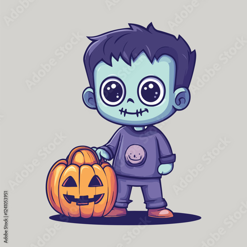 Cheerful Frankenstein Holding Pumpkin vector illustration 