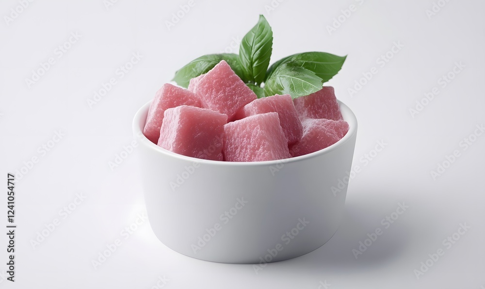 Pink dessert cubes in bowl with basil, white background; food photography for recipe blogs Pink dessert cubes in bowl with basil, white background; food photography for recipe blogs