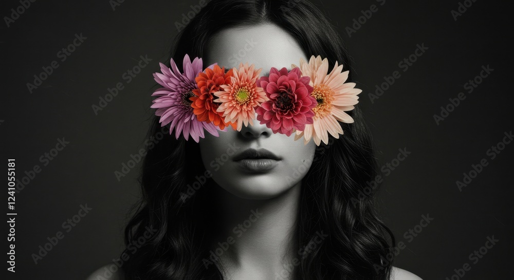 Naklejka premium Mysterious woman with floral eye cover in black and white portrait photography