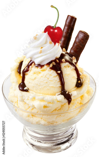 taça com sorvete de baunilha acompanhado de chantilly e cereja isolado em fundo transparente
