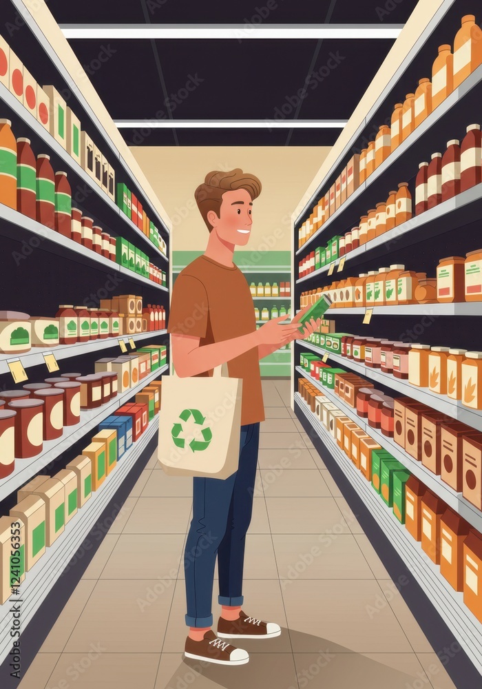 Fototapeta premium Eco-conscious shopper choosing sustainable products in modern grocery aisle