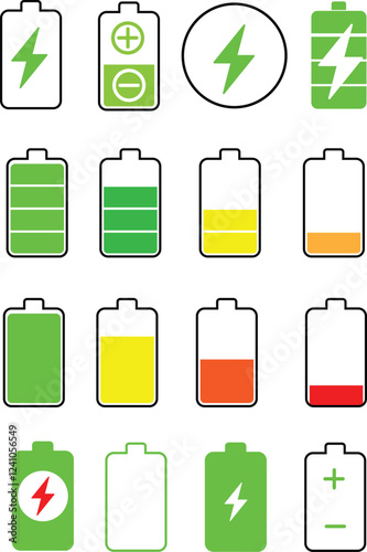 Battery icon set. Battery charge level icons. Battery Charging indicator in thin line and flat icon collection. Vector illustration