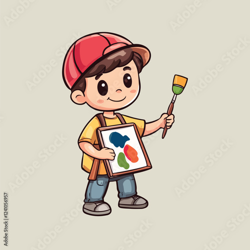 A cute boy paint in artboard smiling face vector illustration 
