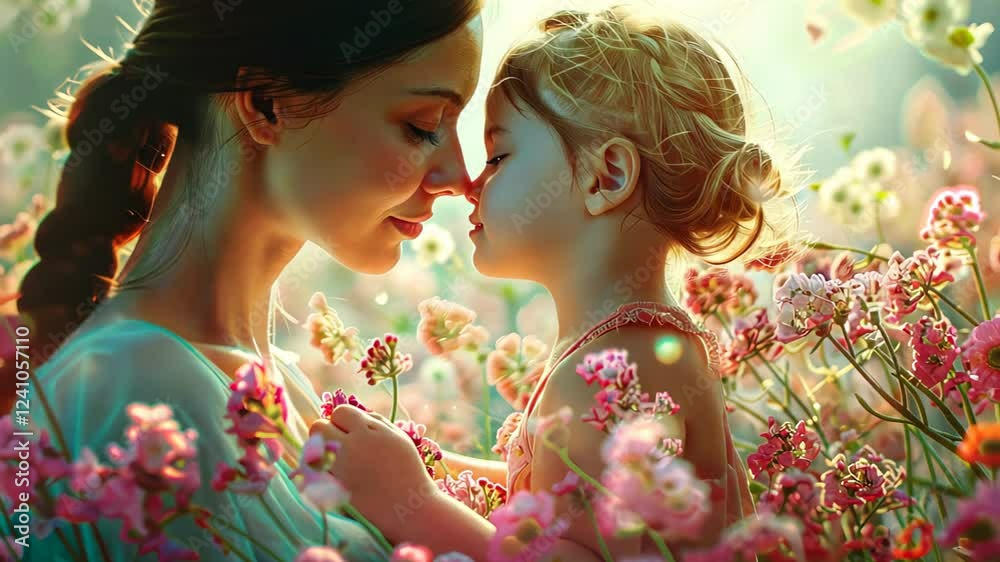 A loving interaction between a mother and her young daughter amidst a vibrant floral landscape, dor mother day