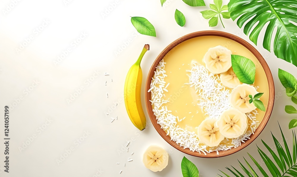 Tropical Banana Smoothie Bowl, overhead shot, white background, healthy breakfast