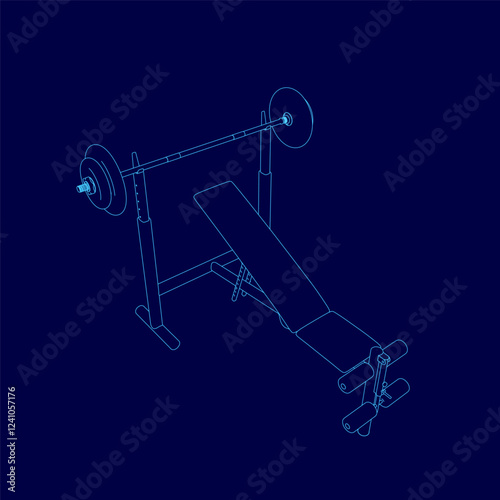 A blue drawing of a weight bench with a barbell on it. The bench is a bench press and the barbell is a dumbbell