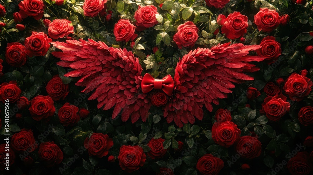 Cupid wings and bow surrounded by red roses Cupid wings and bow surrounded by red roses