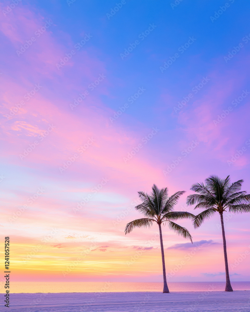 Serene beach scene with palm trees against vibrant sunset sky Serene beach scene with palm trees against vibrant sunset sky