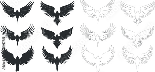 Set of Intricate line art Angel Wings Tattoo Designs in Black and White