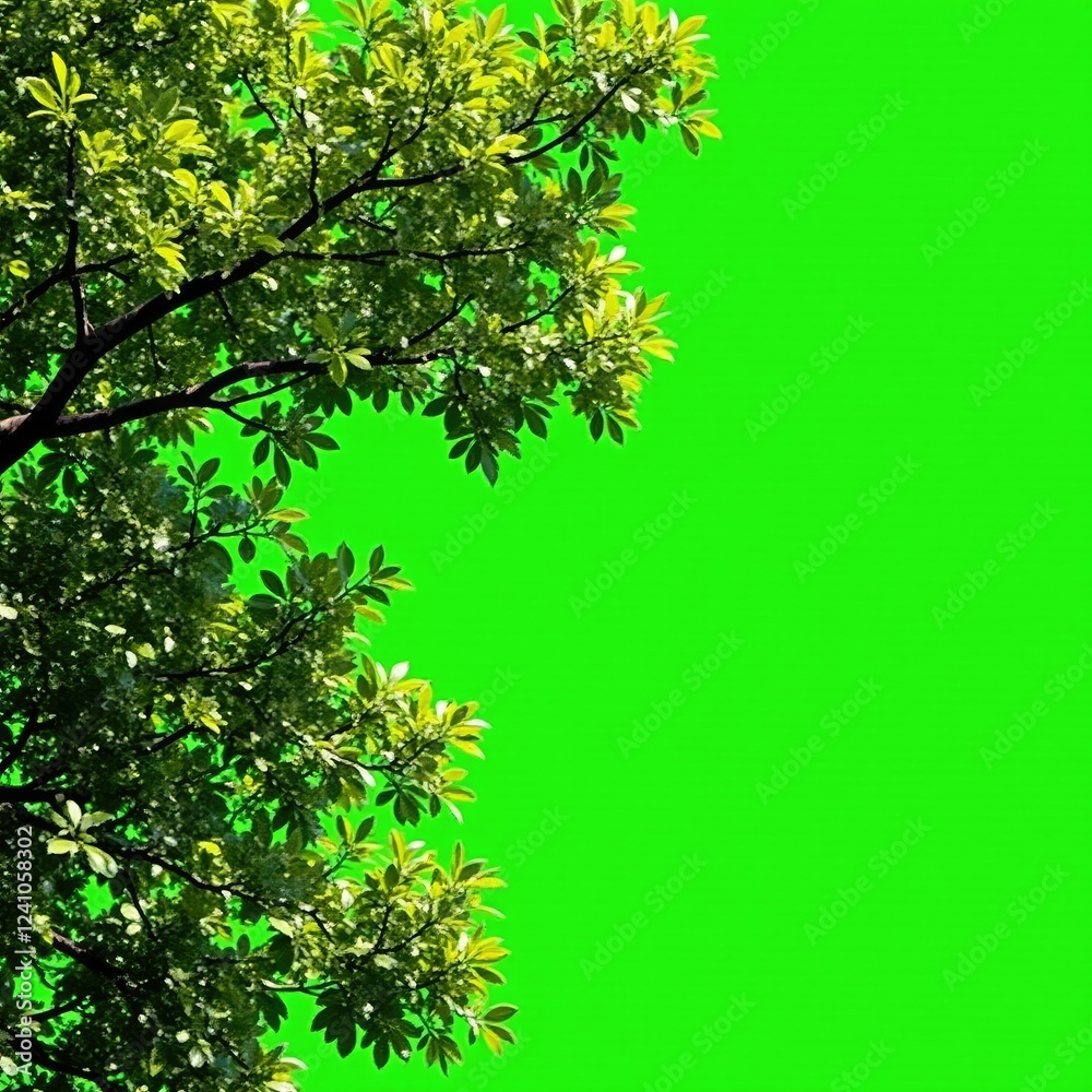 Dense foliage of Streblus asper branches against a bright green background, tree, foliage Dense foliage of Streblus asper branches against a bright green background, tree, foliage
